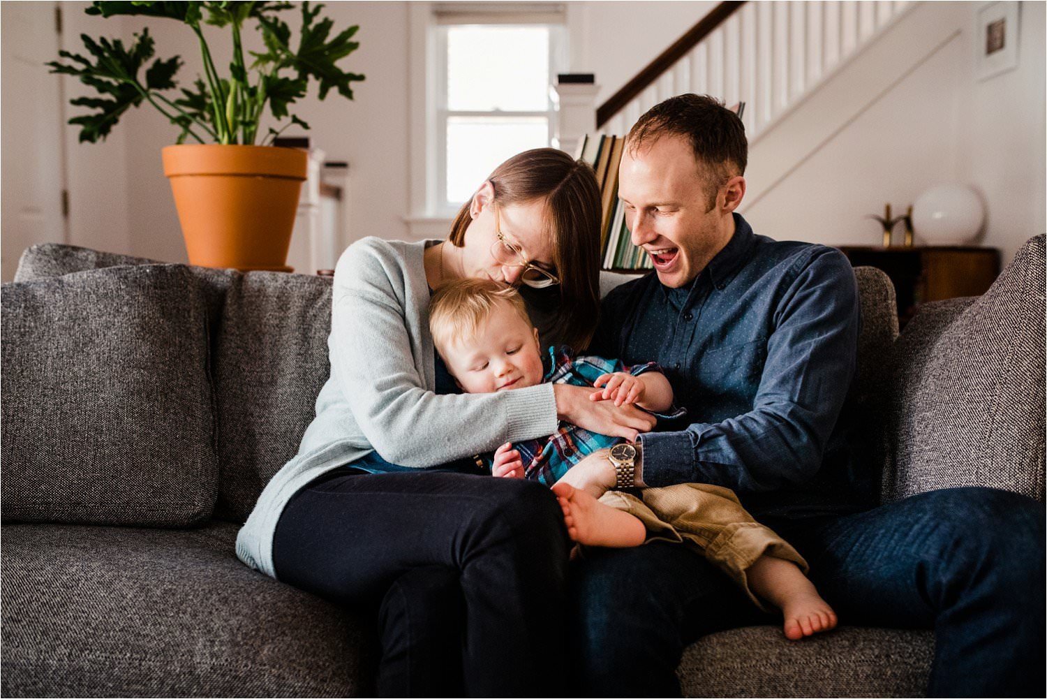 family photos on living room couch