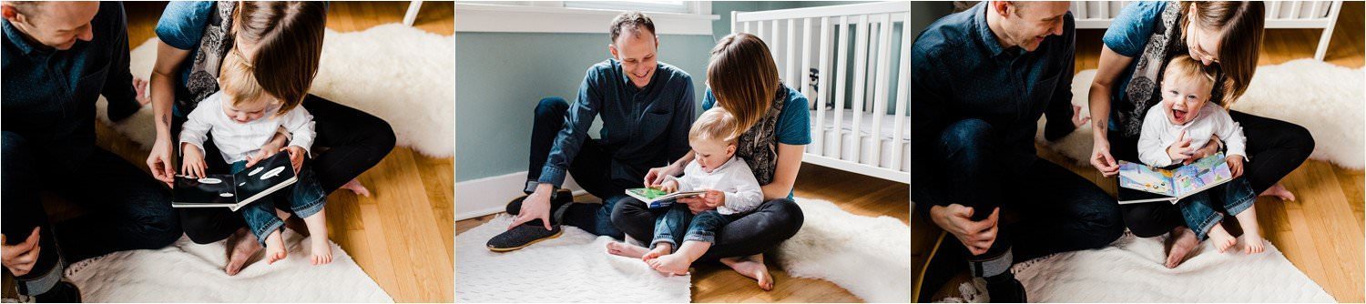 parents reading to child during Family photo session at home