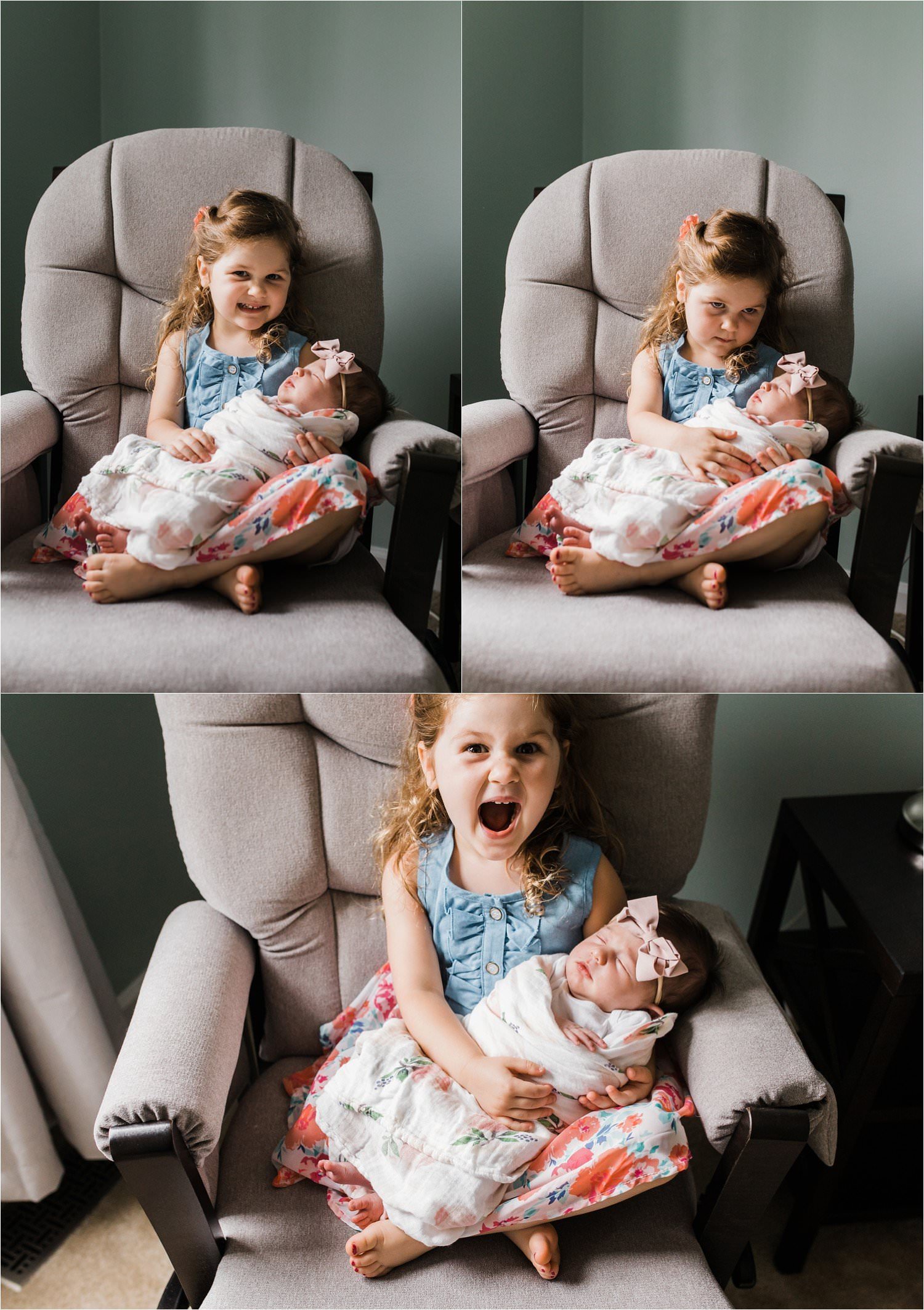 photos of a big sister excited to hold her new baby sister