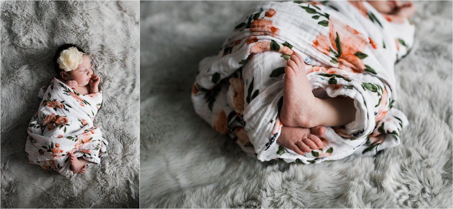 newborn girl portraits in floral swaddle and baby toes