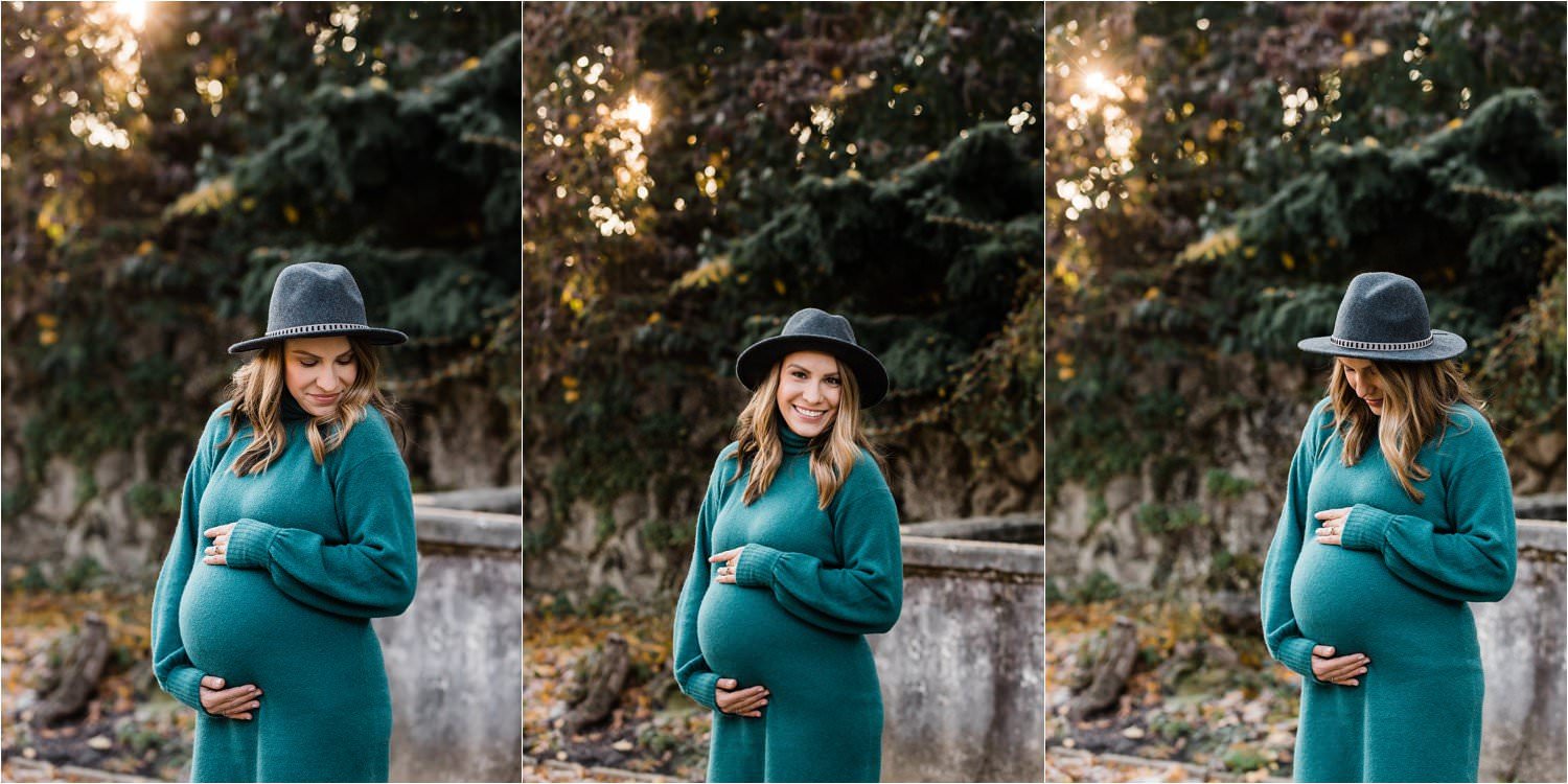 BEAUTIFUL EXPECTING MOTHER IN FALL SWEATER DRESS AND HAT