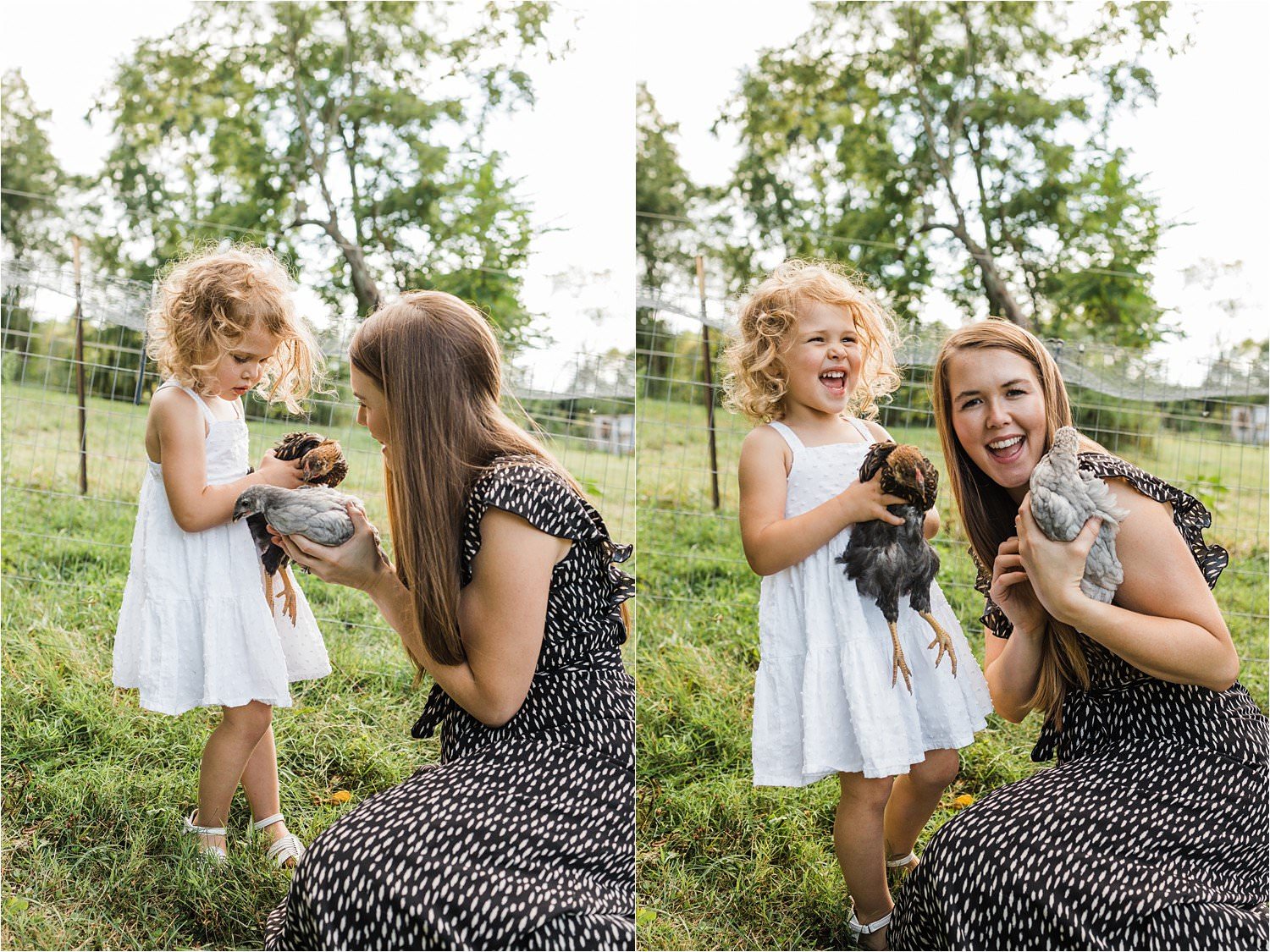 mother and daughter holding chickens on family land